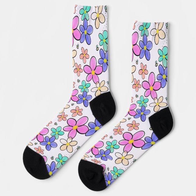 colourful rainbow bright flowers bumble bees flora socks (Left)