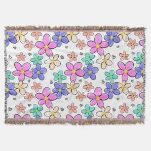 colourful rainbow bright flowers bumble bees flora throw blanket