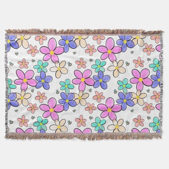 colourful rainbow bright flowers bumble bees flora throw blanket (Front)