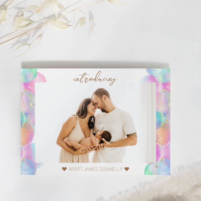 Colourful Rainbow Bubbles Photo Birth Announcement Postcard (Creator Uploaded)