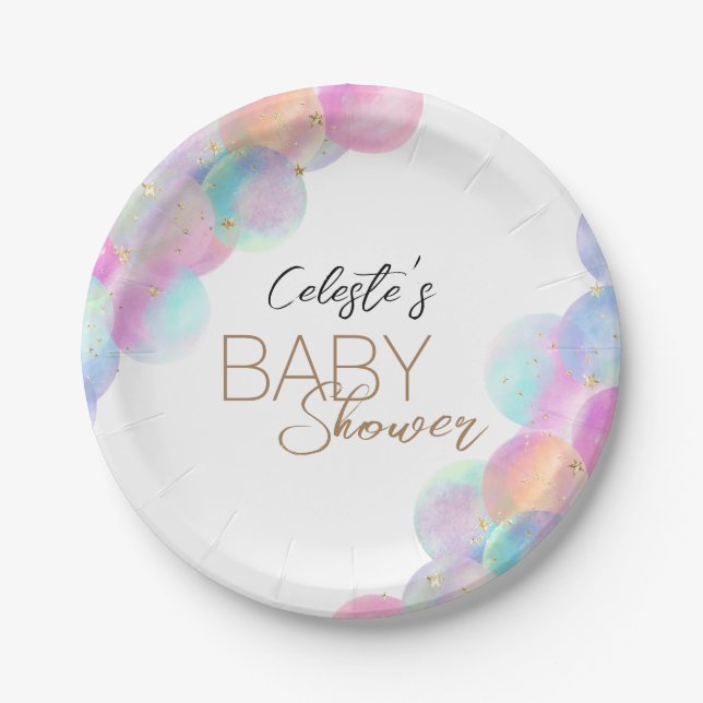 Colourful Rainbow Bubbles White Baby Shower Paper Plate (Front)