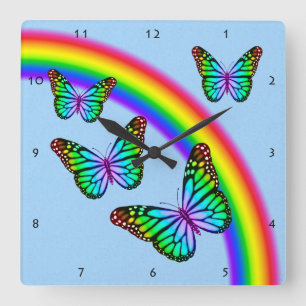 Colourful Rainbow Butterflies Square Wall Clock