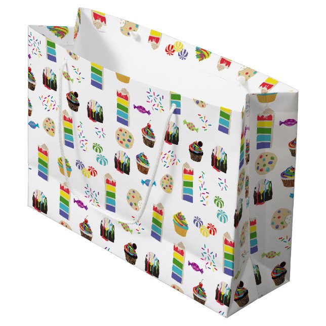 Colourful Rainbow Cake Desserts & Sprinkles Patter Large Gift Bag (Front Angled)