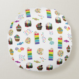 Colourful Rainbow Cake Desserts & Sprinkles Patter Round Cushion