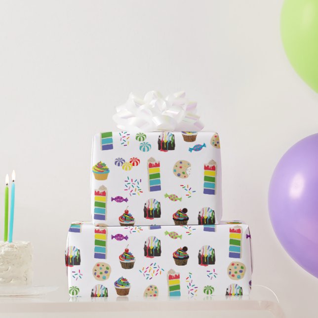 Colourful Rainbow Cake Desserts & Sprinkles Patter Wrapping Paper (Party Gifts)