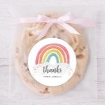 Colourful Rainbow Calligraphy Kids Birthday Favour Classic Round Sticker<br><div class="desc">Colourful Rainbow Calligraphy Kids Birthday Favour Classic Round Sticker features a hand drawn rainbow in shades of pink,  orange,  yellow and turquoise and a trendy calligraphy name. The back is blank for your hand written message.</div>