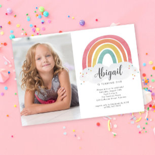 Colourful Rainbow Calligraphy Photo Kids Birthday Invitation