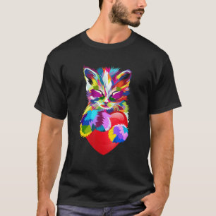 Colourful Rainbow Cat Smiling And Holding Heart T-Shirt