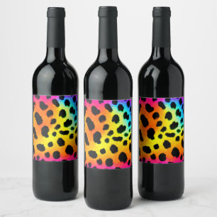 Colourful Rainbow Cheetah Seamless Pattern Wine Label