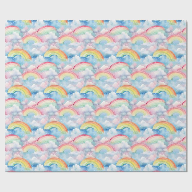 Colourful Rainbow, Cloud, and Snowflake Seamless Wrapping Paper (Flat)