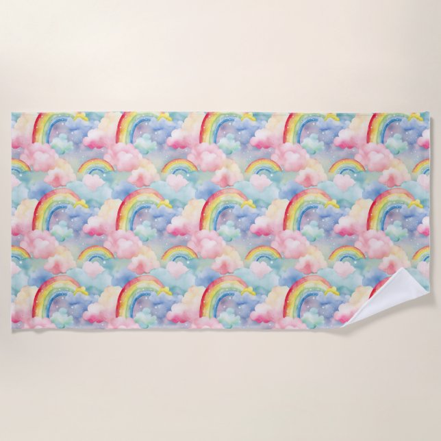 Colourful Rainbow, Cloud, and Star Beach Towel (Front)