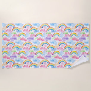 Colourful Rainbow, Cloud, and Star Pattern Beach Towel