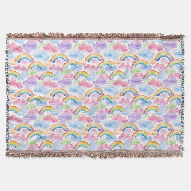 Colourful Rainbow, Cloud, and Star Pattern Throw Blanket (Front)