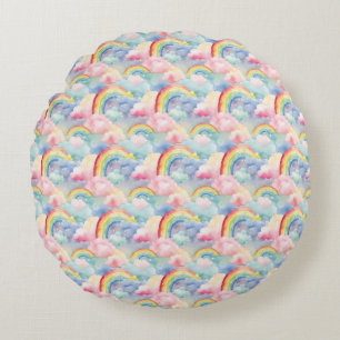 Colourful Rainbow, Cloud, and Star Round Cushion