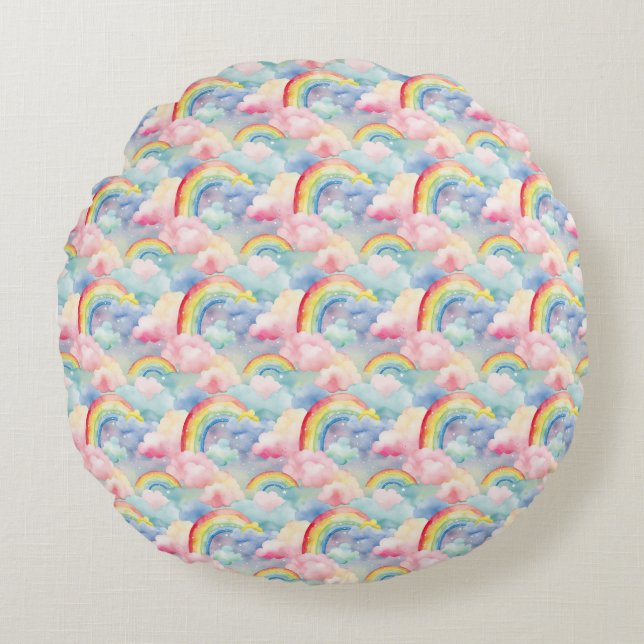 Colourful Rainbow, Cloud, and Star Round Cushion (Front)
