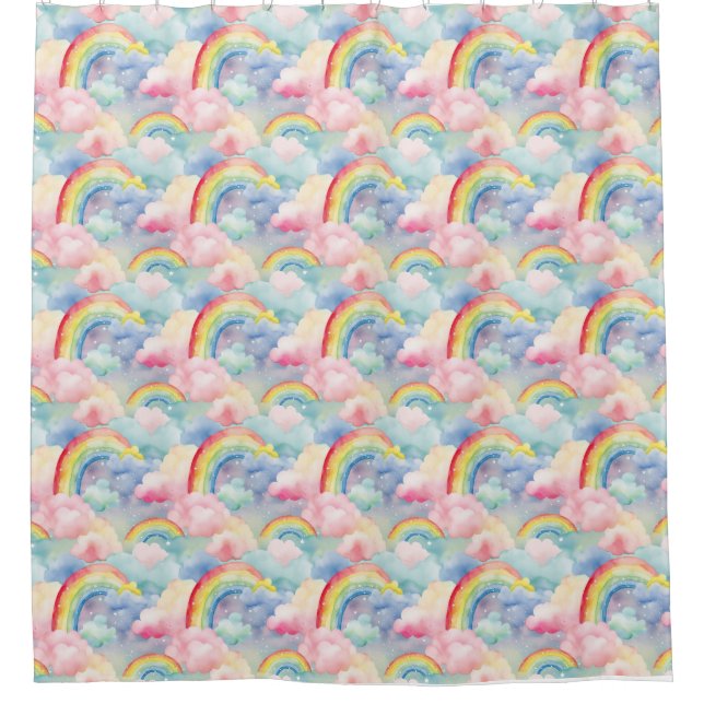 Colourful Rainbow, Cloud, and Star Shower Curtain (Front)