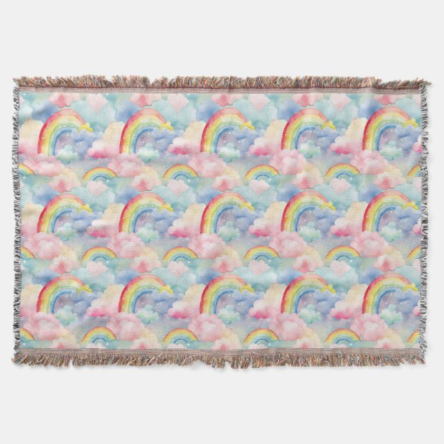 Colourful Rainbow, Cloud, and Star Throw Blanket (Front)