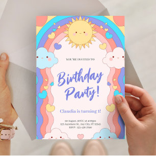 Colourful Rainbow & Clouds Kids 1st Birthday Party Invitation