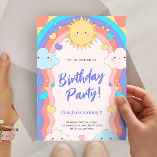 Colourful Rainbow & Clouds Kids 1st Birthday Party Invitation