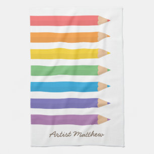 Colourful Rainbow Colouring Pencils School Kids Tea Towel
