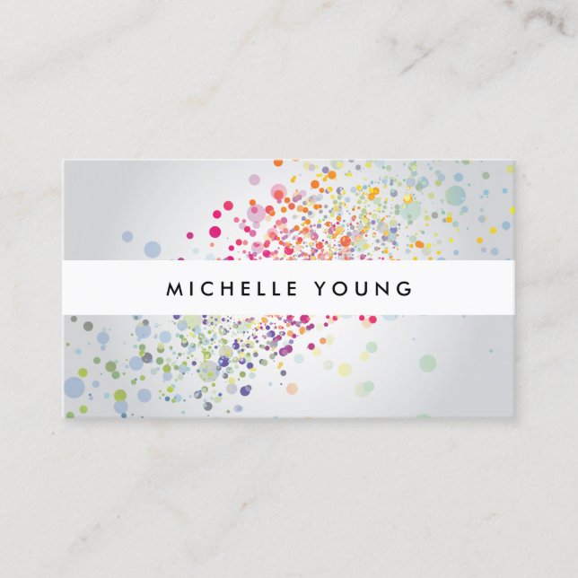 Colourful Rainbow Confetti Bokehn on Grey Business Card (Front)