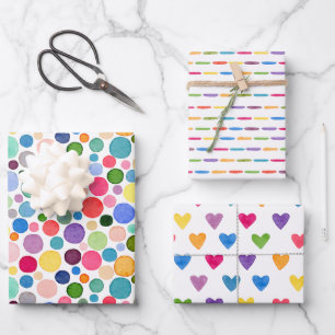 Colourful Rainbow Confetti Dots Stripe Love Heart Wrapping Paper Sheet