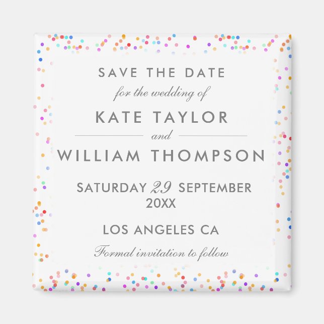 Colourful Rainbow Confetti Save The Date Magnet (Front)