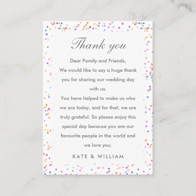 Colourful Rainbow Confetti Wedding Thank You Place Card (Front)