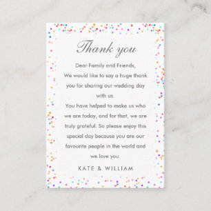 Colourful Rainbow Confetti Wedding Thank You Place Card