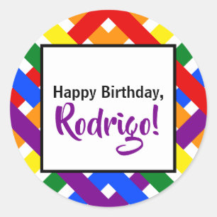 Colourful Rainbow Criss-Cross Stripes Birthday Classic Round Sticker