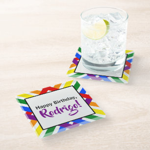 Colourful Rainbow Criss-Cross Stripes Birthday Glass Coaster