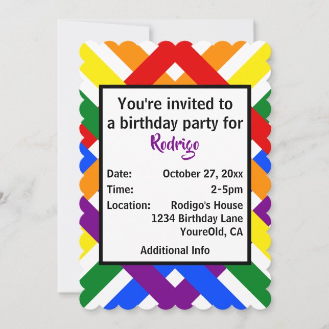 Colourful Rainbow Criss-Cross Stripes Birthday Invitation (Front)