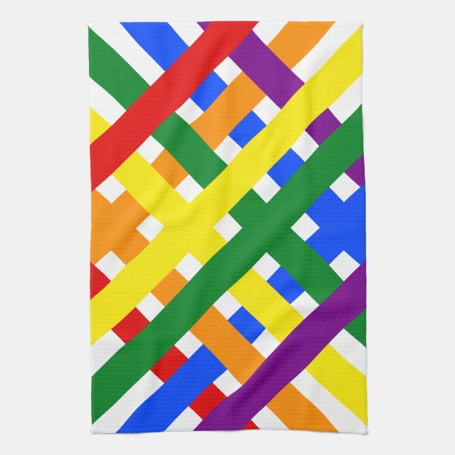 Colourful Rainbow Diagonal Criss-Cross Stripes Tea Towel (Vertical)