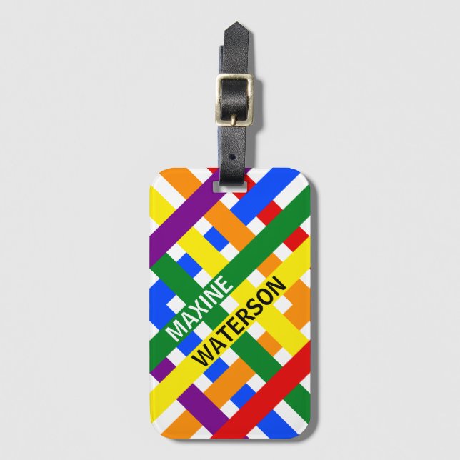 Colourful Rainbow Diagonal Stripes Vertical Name Luggage Tag (Front Vertical)