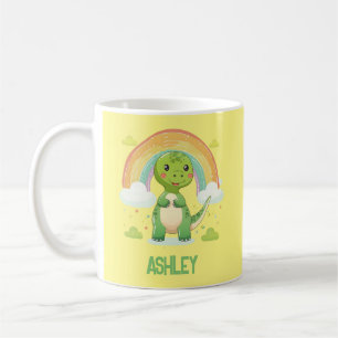 Colourful Rainbow Dino With Kids Name Coffee Mug