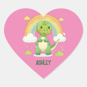 Colourful Rainbow Dino With Kids Name Heart Sticker