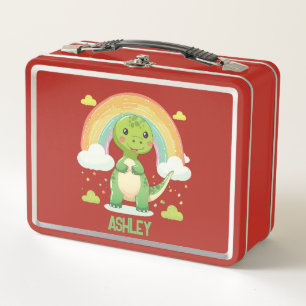 Colourful Rainbow Dino With Kids Name Metal Lunch Box