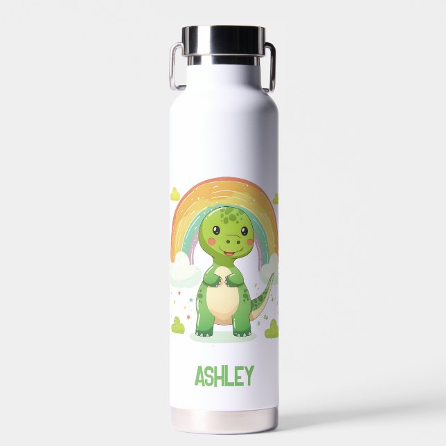 Colourful Rainbow Dino With Kids Name Water Bottle (Front)