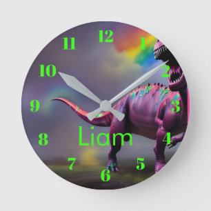 Colourful Rainbow Dinosaur Neon Personalised Round Clock