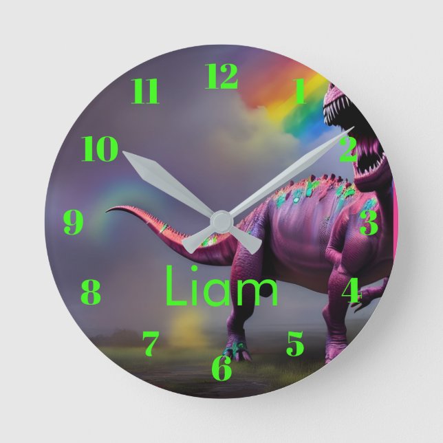 Colourful Rainbow Dinosaur Neon Personalised  Round Clock (Front)