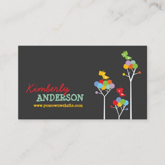 Colourful Rainbow Dots Trees And Cute Tweet Birds Business Card (Front)