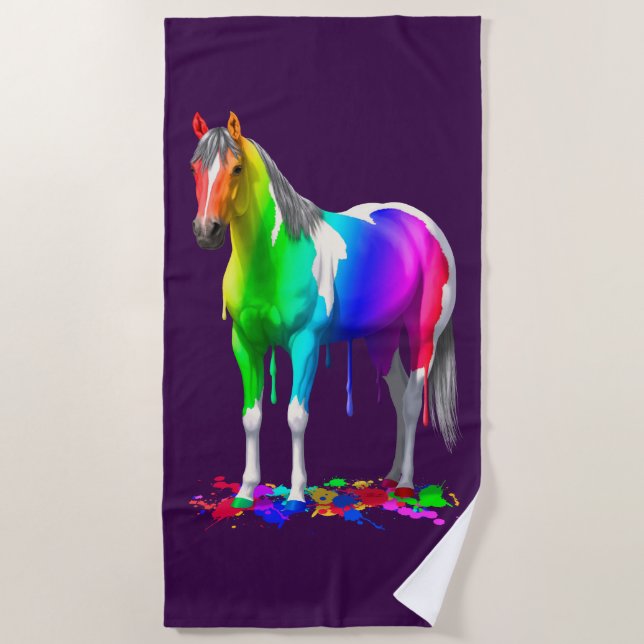 Colourful Rainbow Dripping Wet Paint Horse Beach Towel (Front)