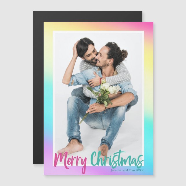 Colourful Rainbow Gay Couple Photo Christmas Magne (Front/Back)