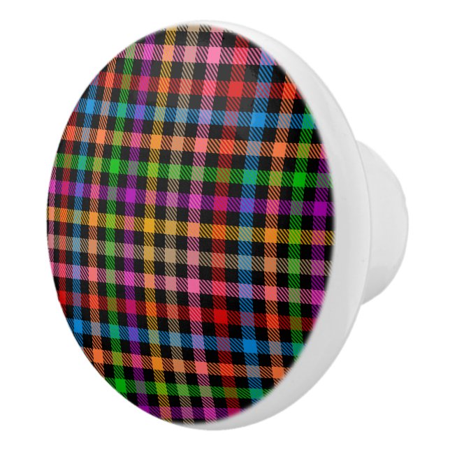 Colourful Rainbow Gingham Plaid Design - Black  Ceramic Knob (Right)