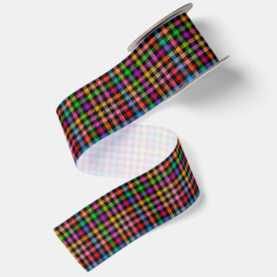 Colourful Rainbow Gingham Plaid Design - Black Satin Ribbon