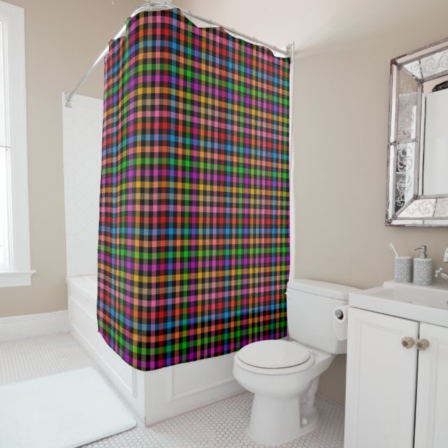 Colourful Rainbow Gingham Plaid Design - Black  Shower Curtain (In Situ)