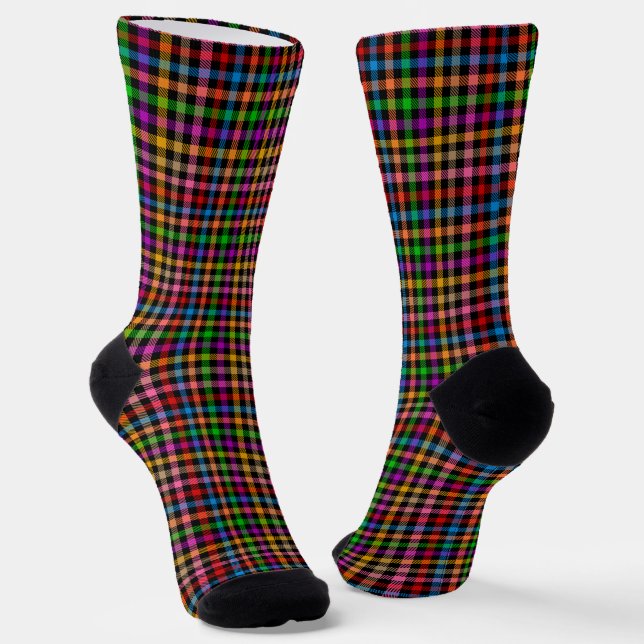 Colourful Rainbow Gingham Plaid Design - Black  Socks (Angled)