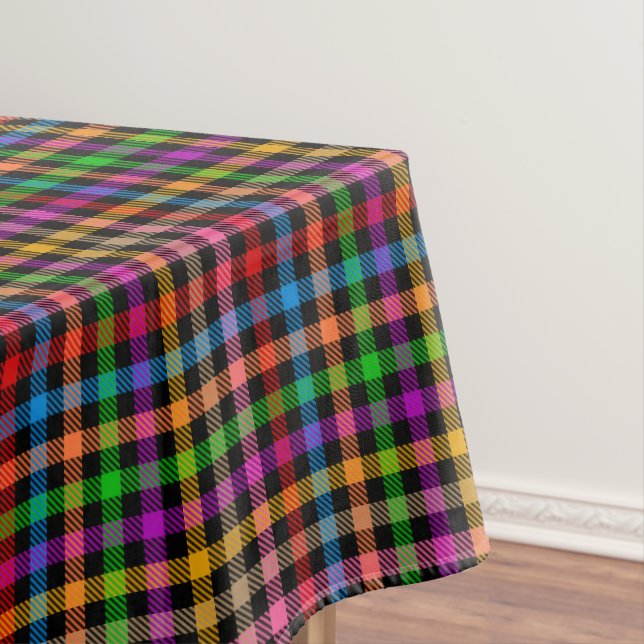Colourful Rainbow Gingham Plaid Design - Black  Tablecloth (In Situ)