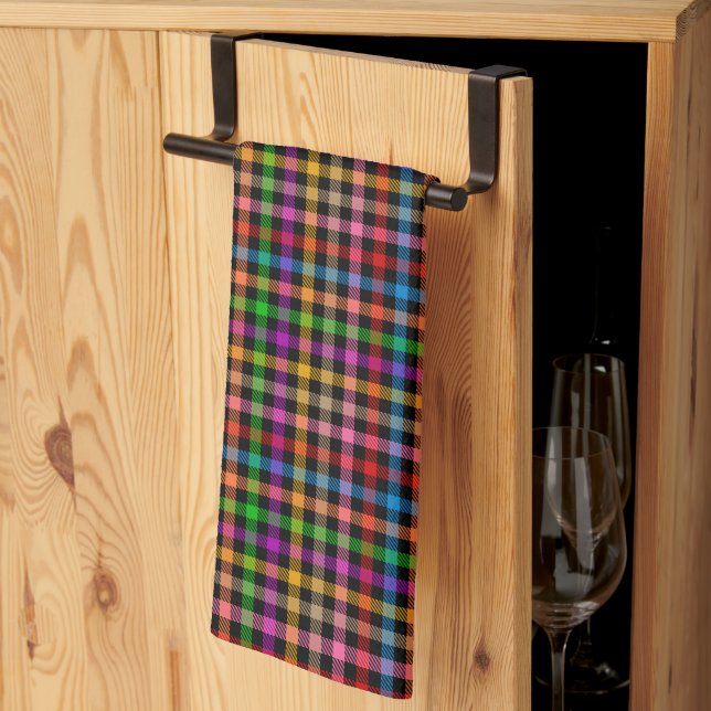 Colourful Rainbow Gingham Plaid Design - Black  Tea Towel (Thirds Fold)