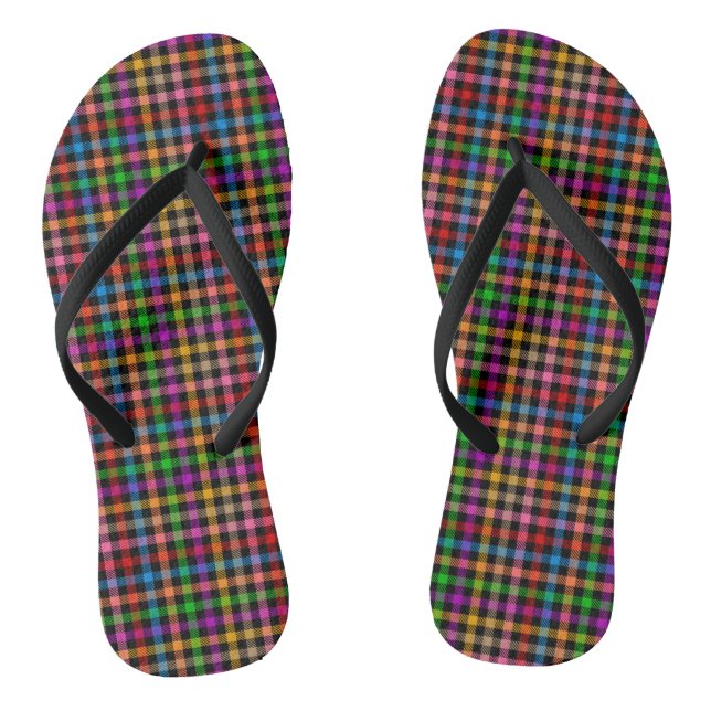 Colourful Rainbow Gingham Plaid Design - Black  Thongs (Footbed)